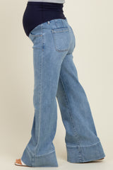 Blue Front Seam Wide Flare Leg Maternity Jeans