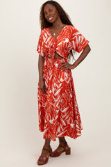 Red Brushstroke Print Cutout Midi Dress