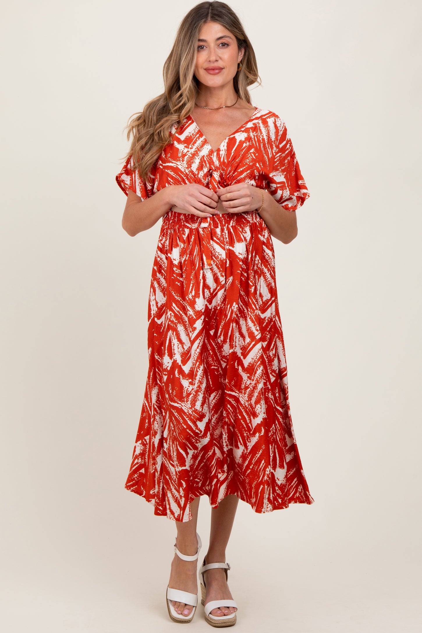 Red Brushstroke Print Cutout Maternity Midi Dress