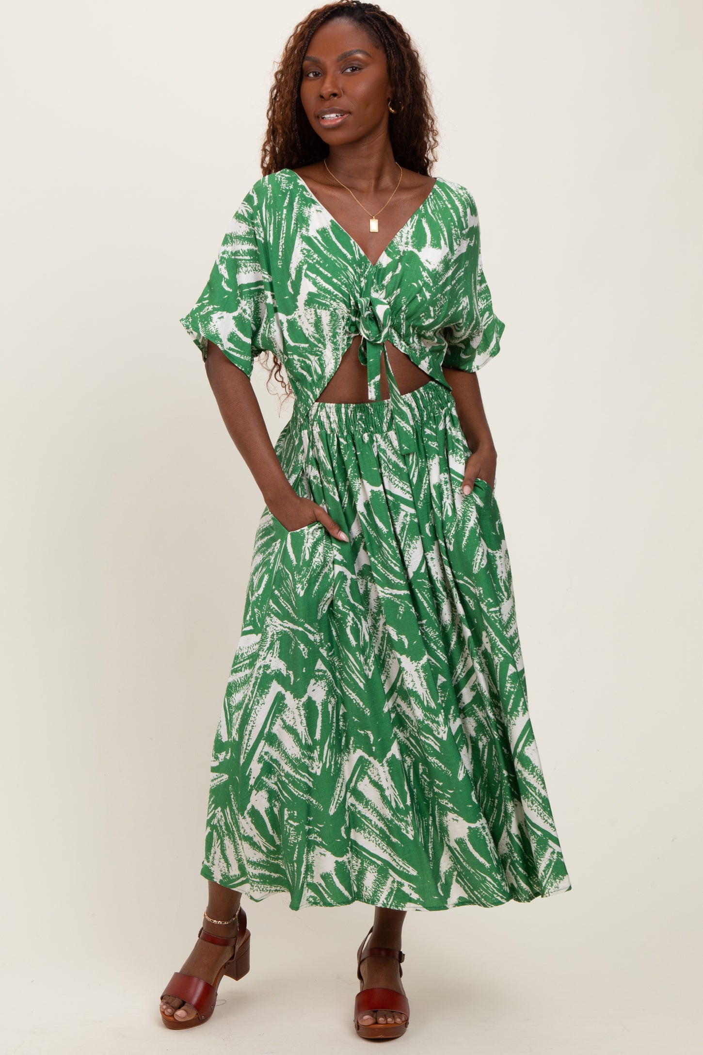 Green Brushstroke Print Cutout Midi Dress