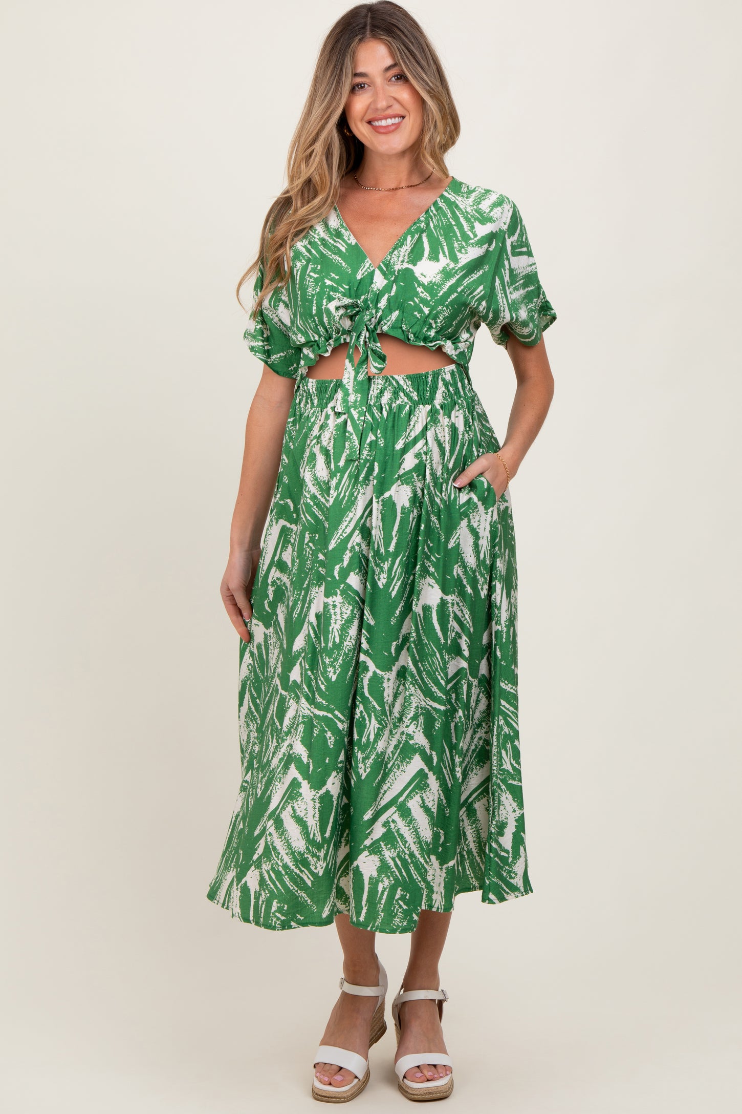 Green Brushstroke Print Cutout Maternity Midi Dress