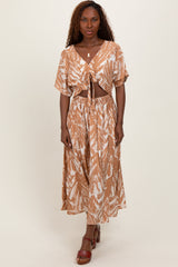 Camel Brushstroke Print Cutout Midi Dress