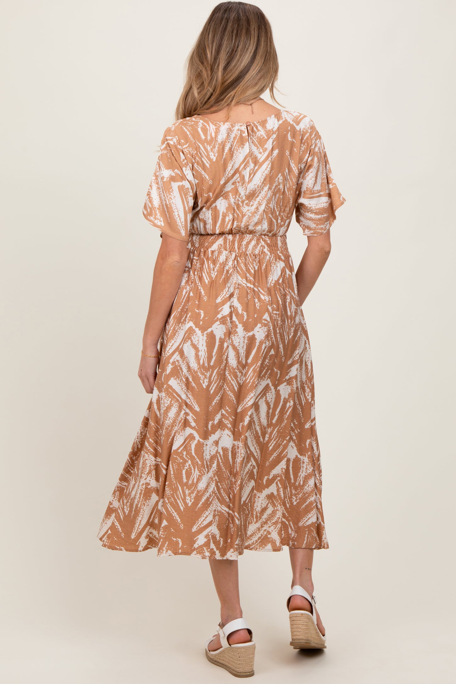 Camel Brushstroke Print Cutout Maternity Midi Dress