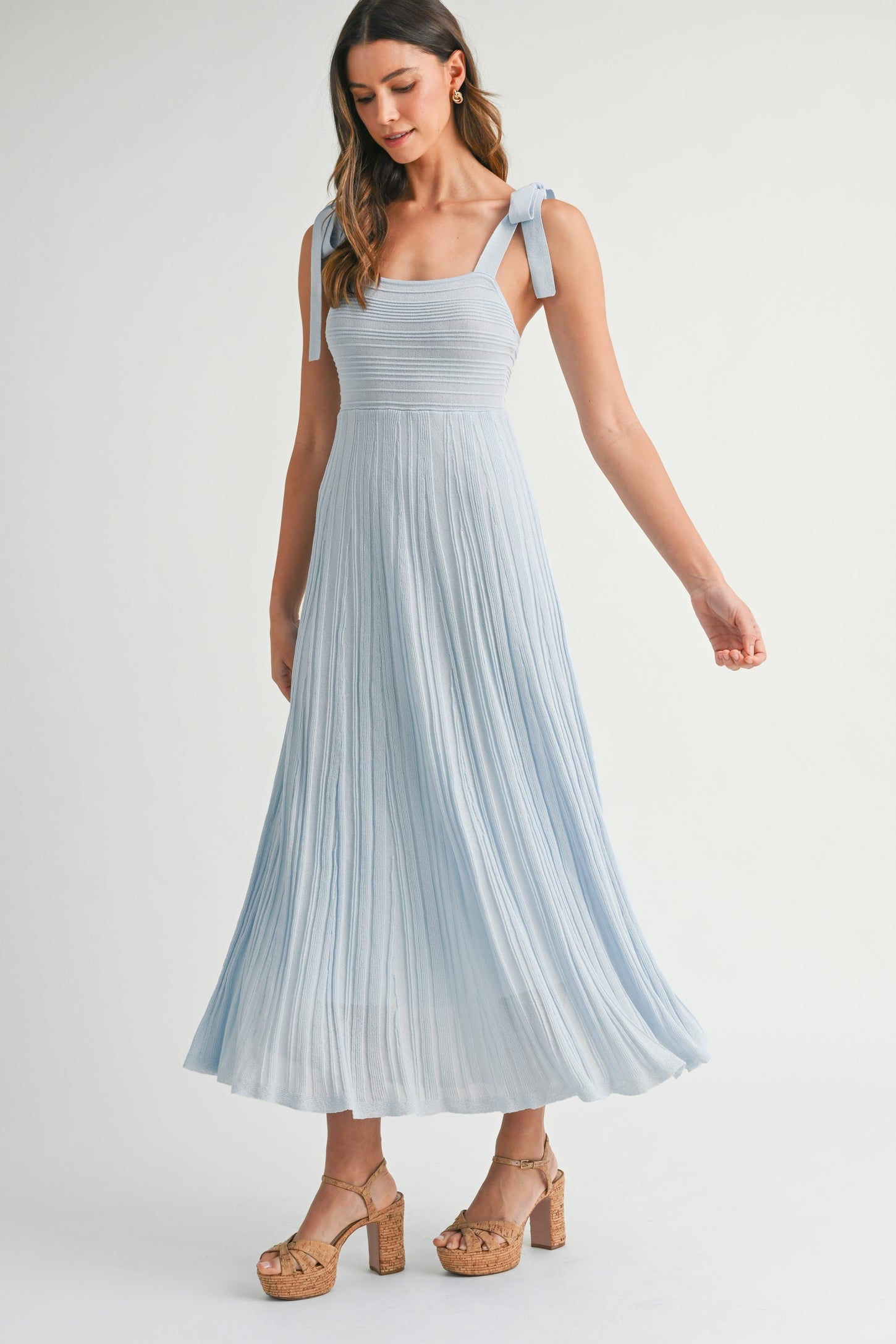 Light Blue Textured Knit Shoulder Tie Maternity Midi Dress