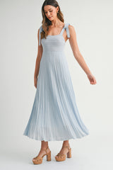 Light Blue Textured Knit Shoulder Tie Maternity Midi Dress