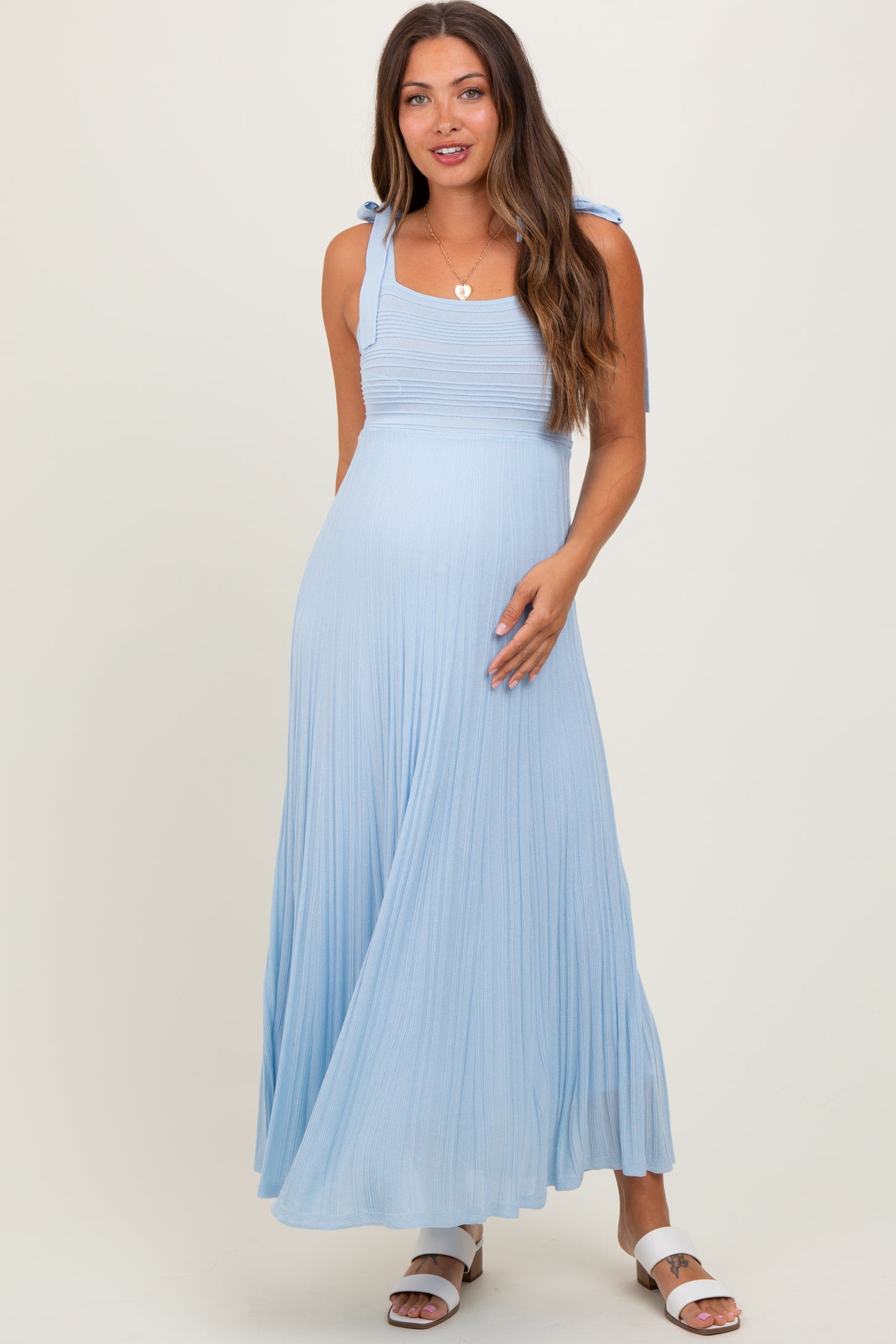 Light Blue Textured Knit Shoulder Tie Maternity Midi Dress – PinkBlush