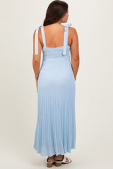 Light Blue Textured Knit Shoulder Tie Maternity Midi Dress