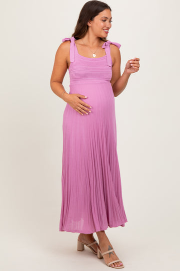 Mauve Textured Knit Shoulder Tie Maternity Midi Dress