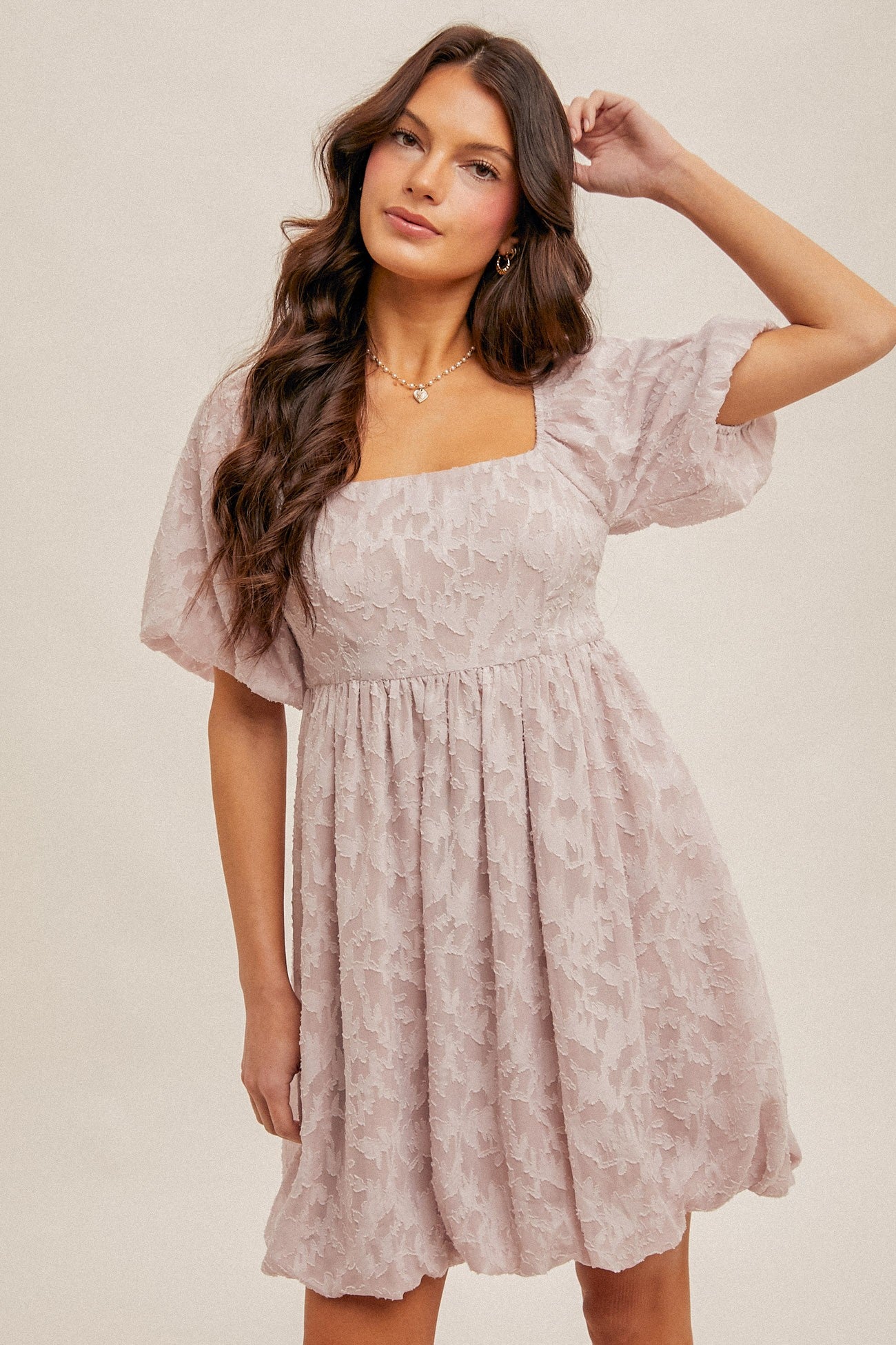 Lavender Chiffon Jacquard Print Square Neck Bubble Dress – PinkBlush