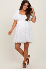 White Chiffon Jacquard Print Square Neck Maternity Bubble Dress