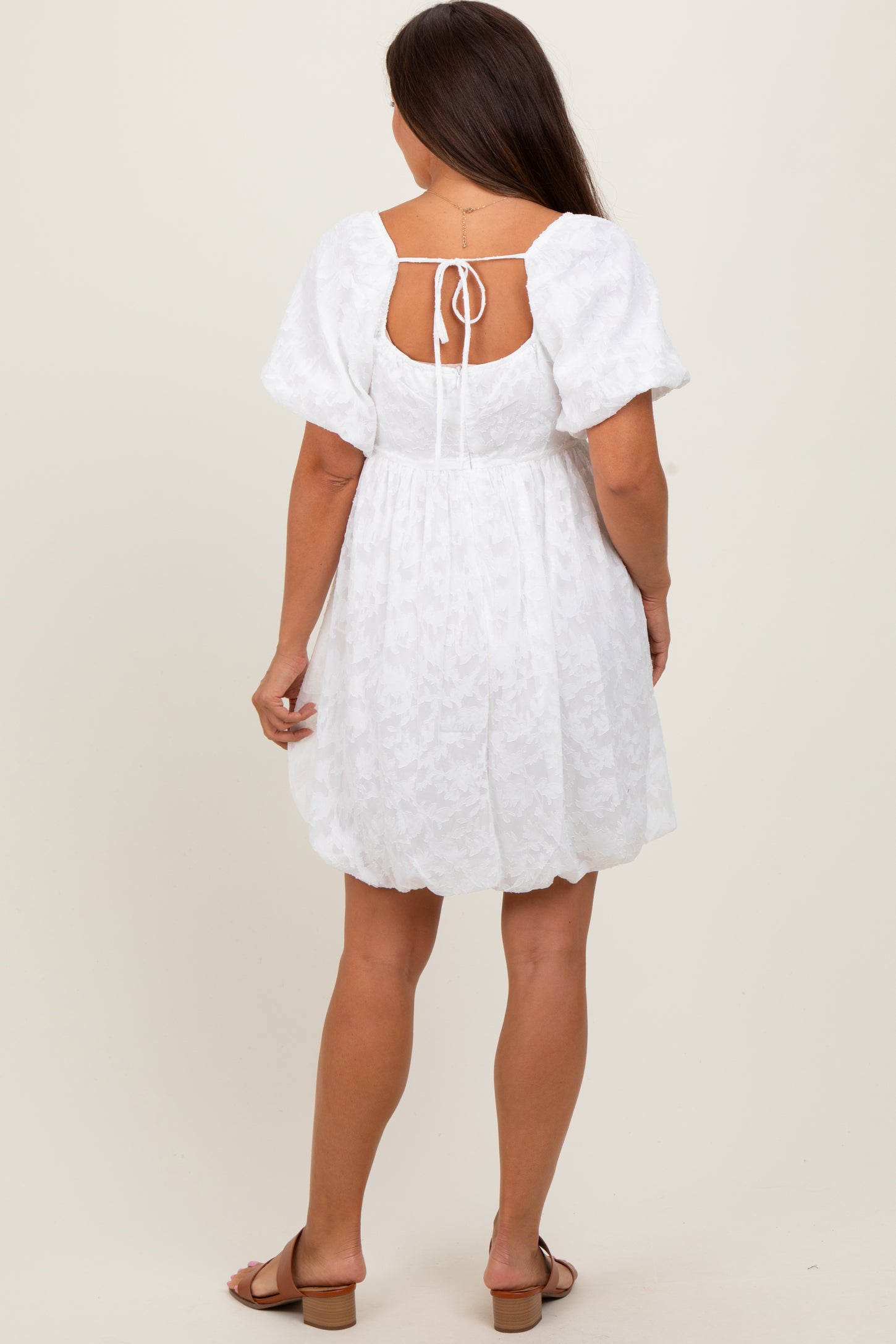 White Chiffon Jacquard Print Square Neck Maternity Bubble Dress
