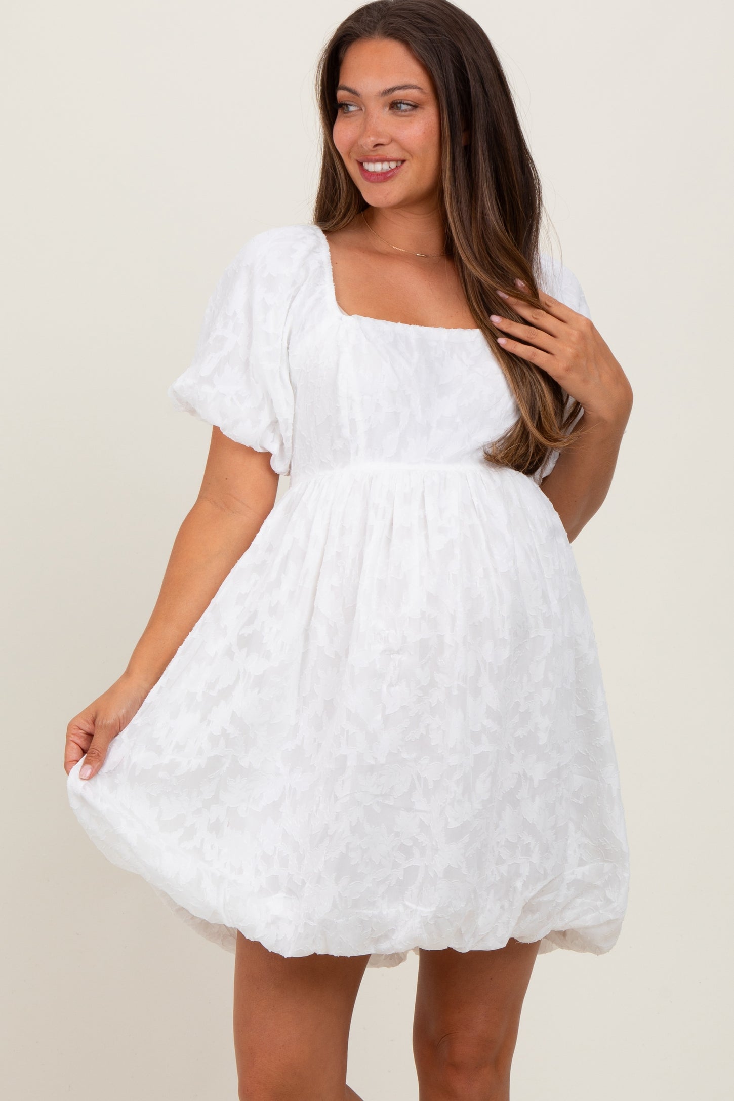 White Chiffon Jacquard Print Square Neck Maternity Bubble Dress