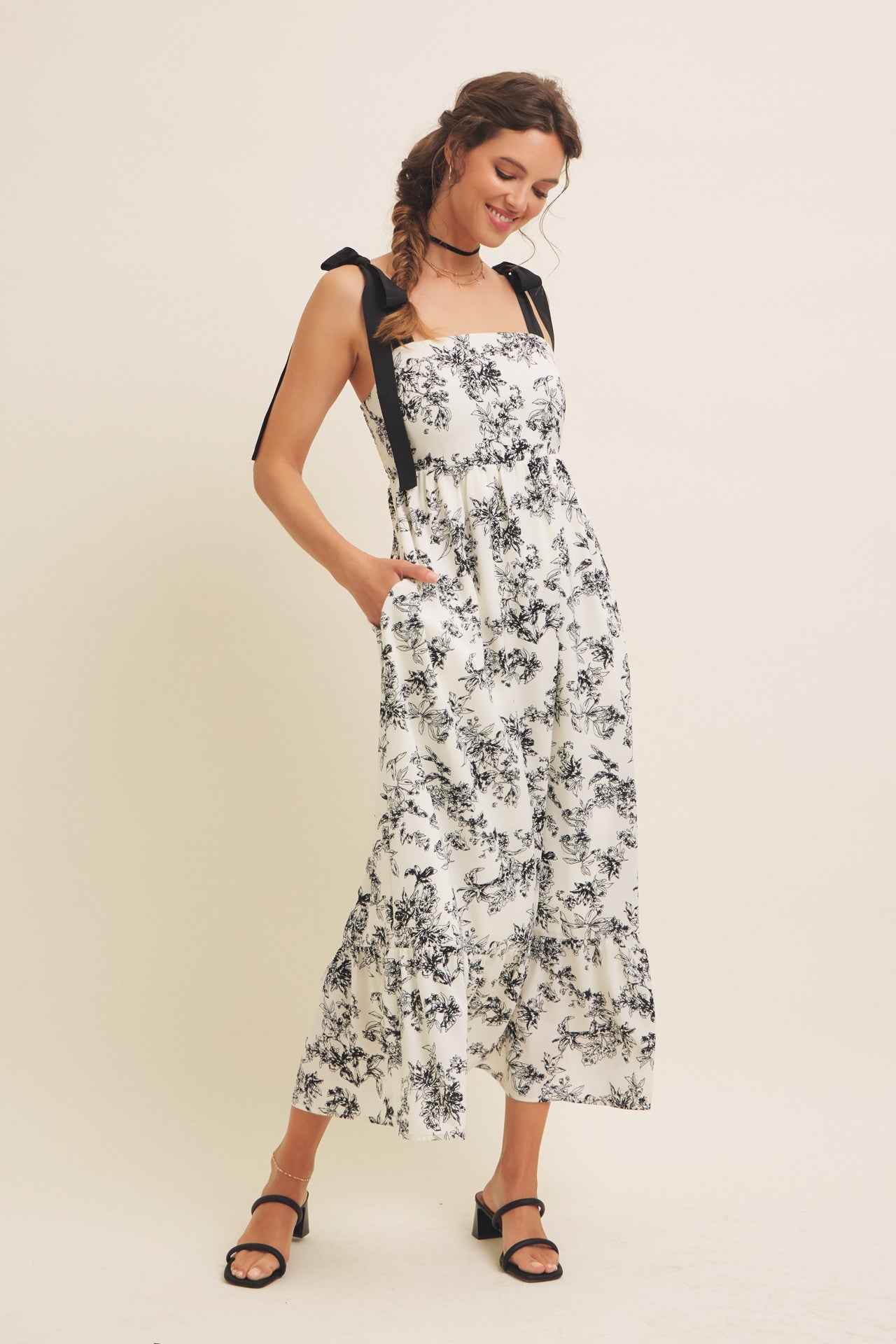 Cream/Black Floral Print Shoulder Bow Tie Midi Dress PinkBlush Cream/Black Floral Print Shoulder Bow Tie Midi Dress PinkBlush