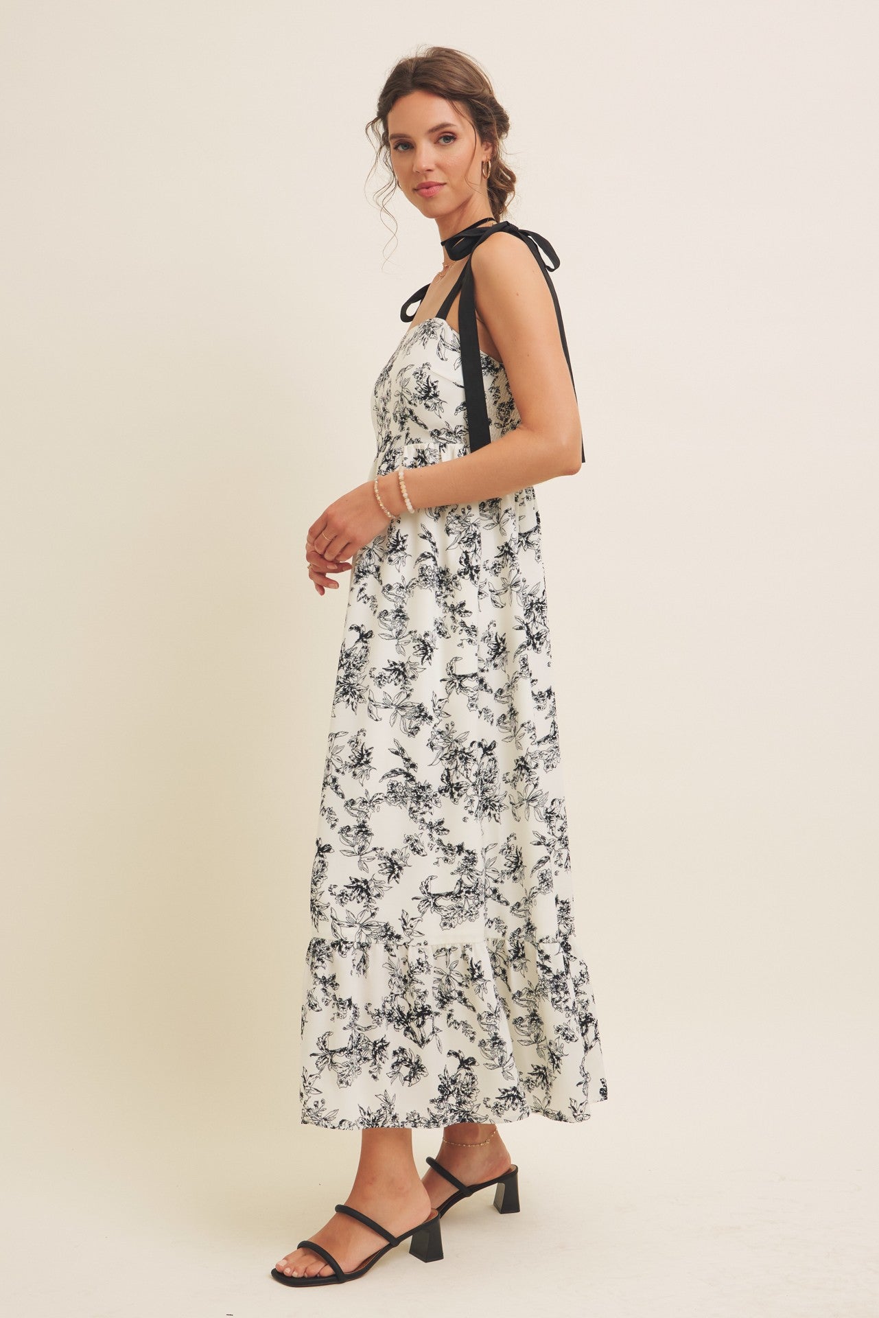 Cream/Black Floral Print Shoulder Bow Tie Midi Dress PinkBlush Cream/Black Floral Print Shoulder Bow Tie Midi Dress PinkBlush