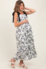 Cream/Black Floral Print Shoulder Bow Tie Maternity Midi Dress