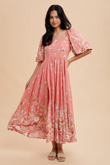 Pink Floral Print Puff Sleeve Maxi Dress