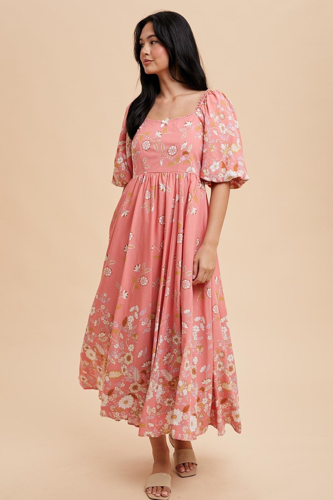 Pink Floral Print Puff Sleeve Maxi Dress