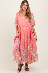 Pink Floral Print Puff Sleeve Maternity Maxi Dress