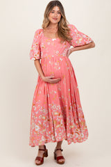Pink Floral Print Puff Sleeve Maternity Maxi Dress