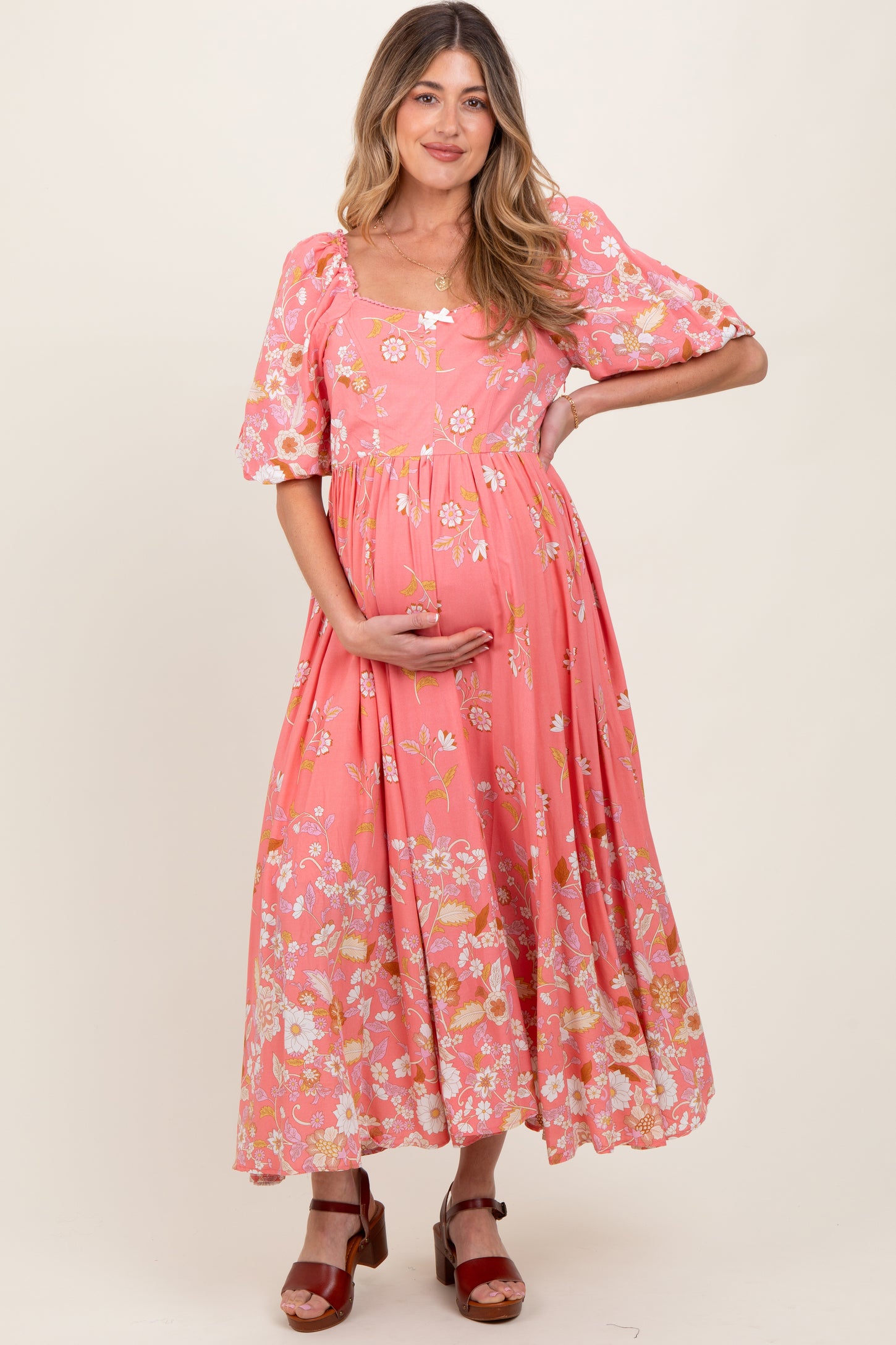 Pink Floral Print Puff Sleeve Maternity Maxi Dress