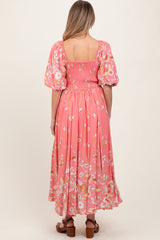 Pink Floral Print Puff Sleeve Maternity Maxi Dress