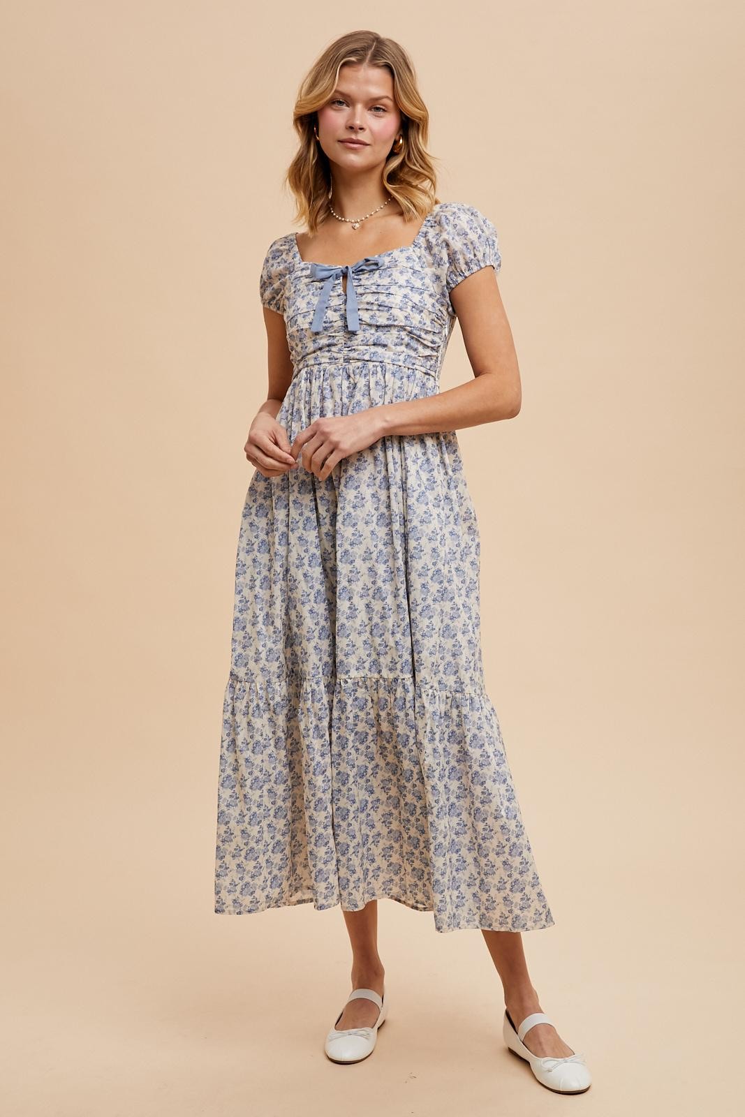 Light Blue Floral Ruched Bow Tie Floral Maxi Dress