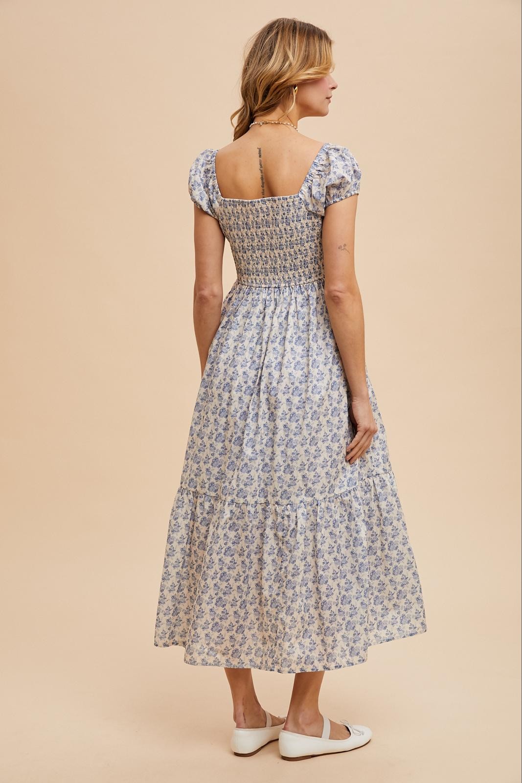 Light Blue Floral Ruched Bow Tie Floral Maxi Dress