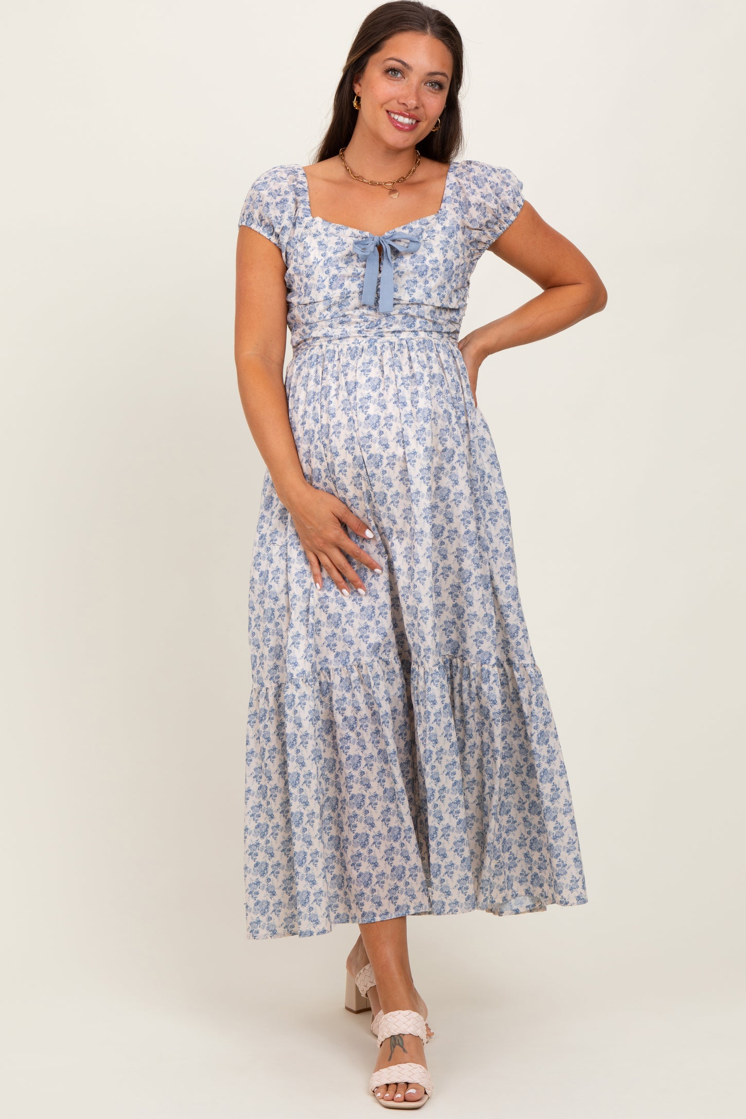 Light Blue Floral Ruched Bow Tie Floral Maternity Maxi Dress