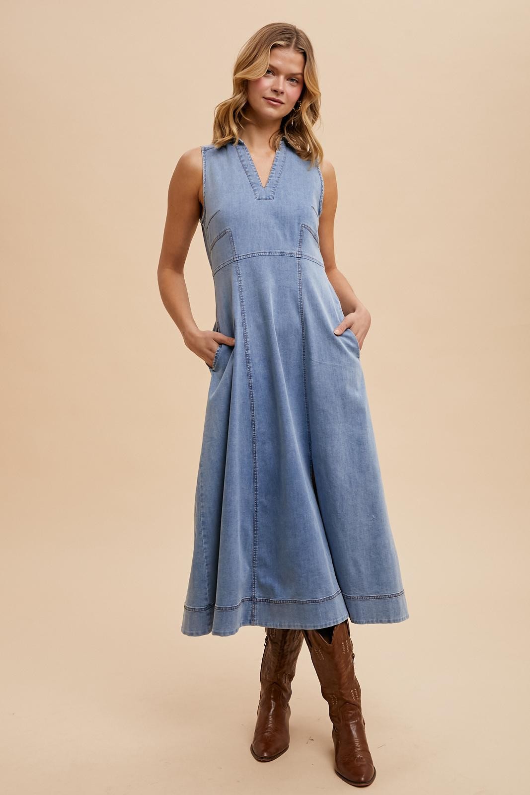 Blue Medium Wash Collared Denim Flare Midi Dress – PinkBlush