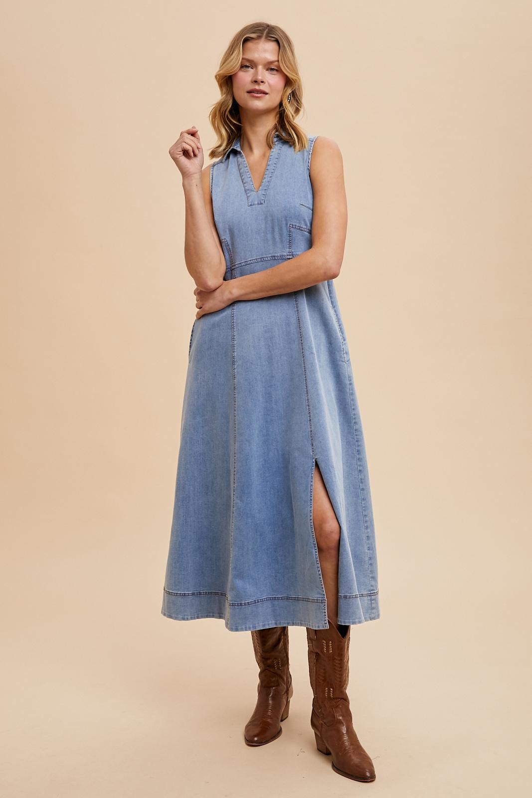 Blue Medium Wash Collared Denim Flare Midi Dress PinkBlush Blue Medium Wash Collared Denim Flare Midi Dress PinkBlush