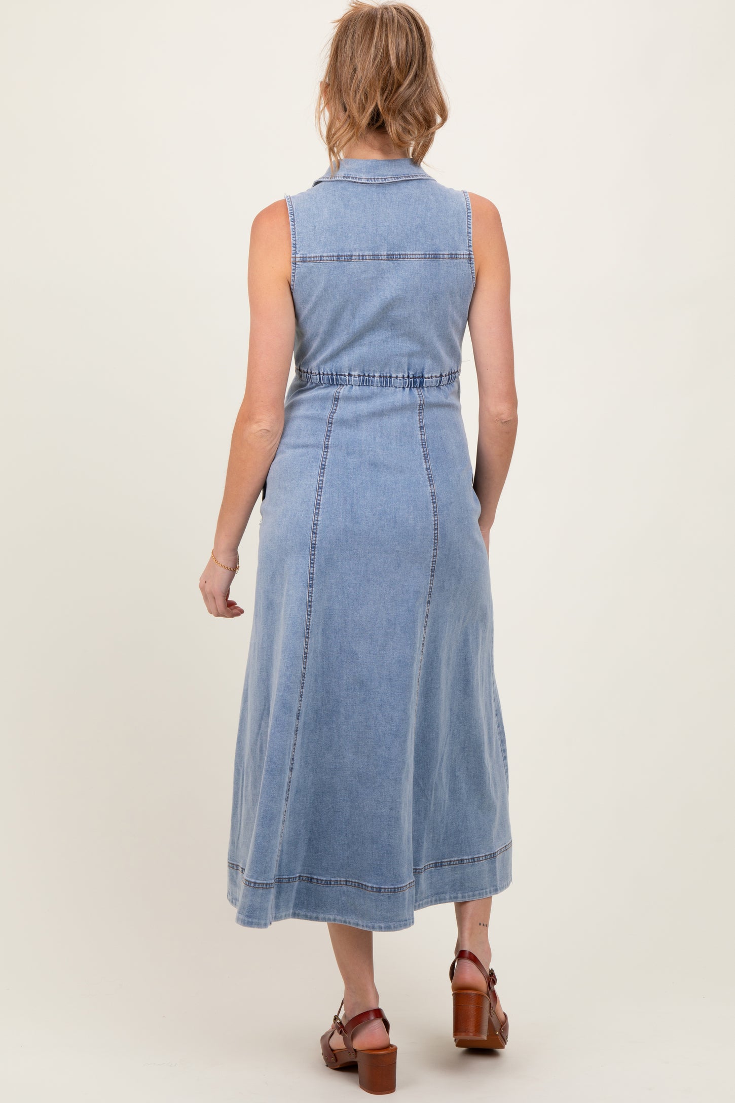 Blue Medium Wash Collared Denim Flare Maternity Midi Dress PinkBlush Blue Medium Wash Collared Denim Flare Maternity Midi Dress PinkBlush