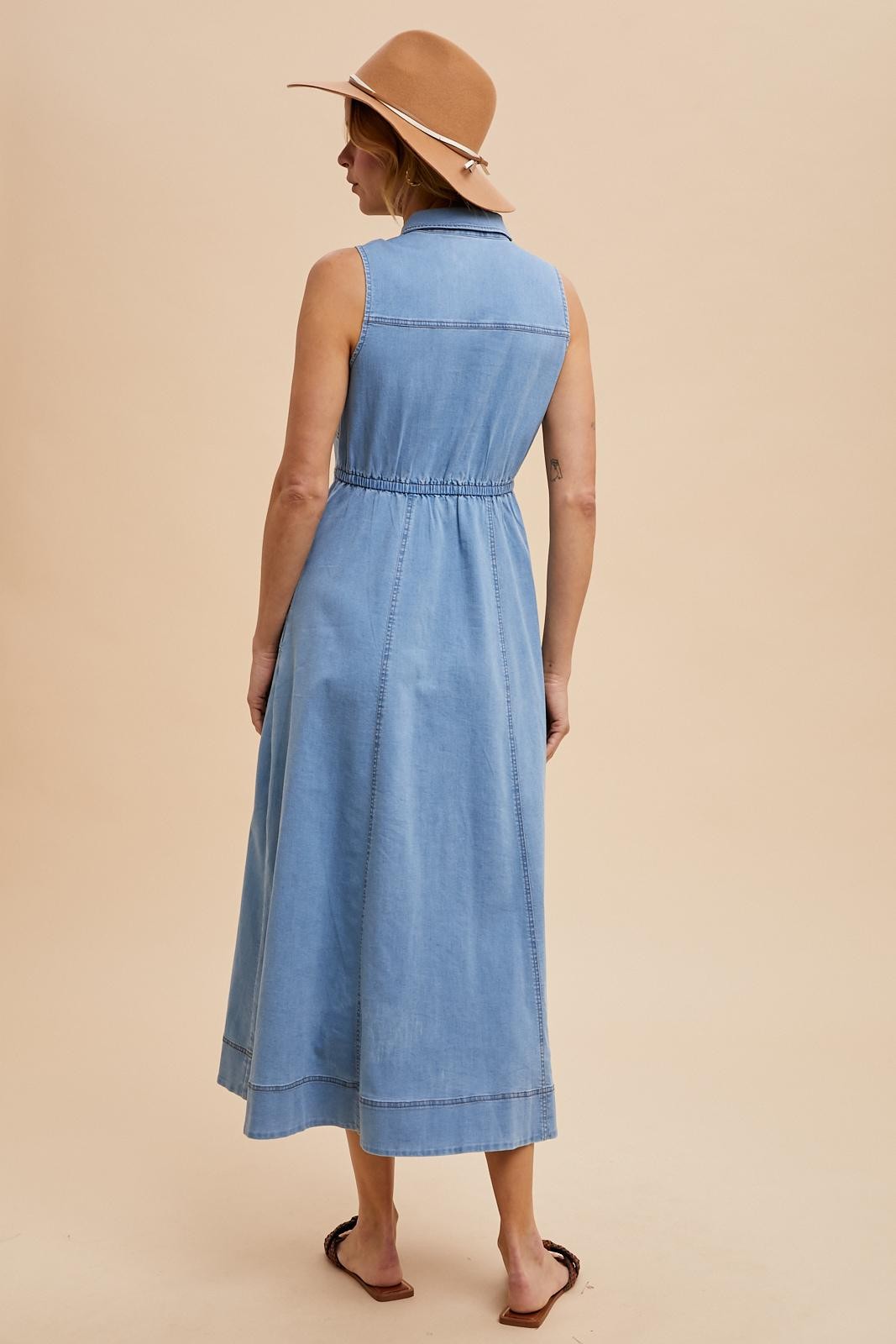 Light Blue Wash Collared Denim Flare Midi Dress PinkBlush Light Blue Wash Collared Denim Flare Midi Dress PinkBlush