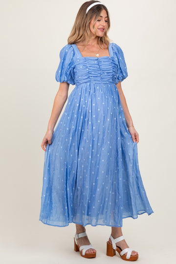 Blue Embroidered Shirred Puff Sleeve Maternity Maxi Dress