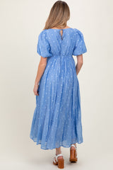 Blue Embroidered Shirred Puff Sleeve Maternity Maxi Dress