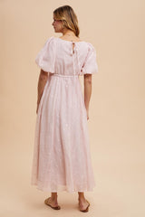 Light Pink Embroidered Shirred Puff Sleeve Maxi Dress