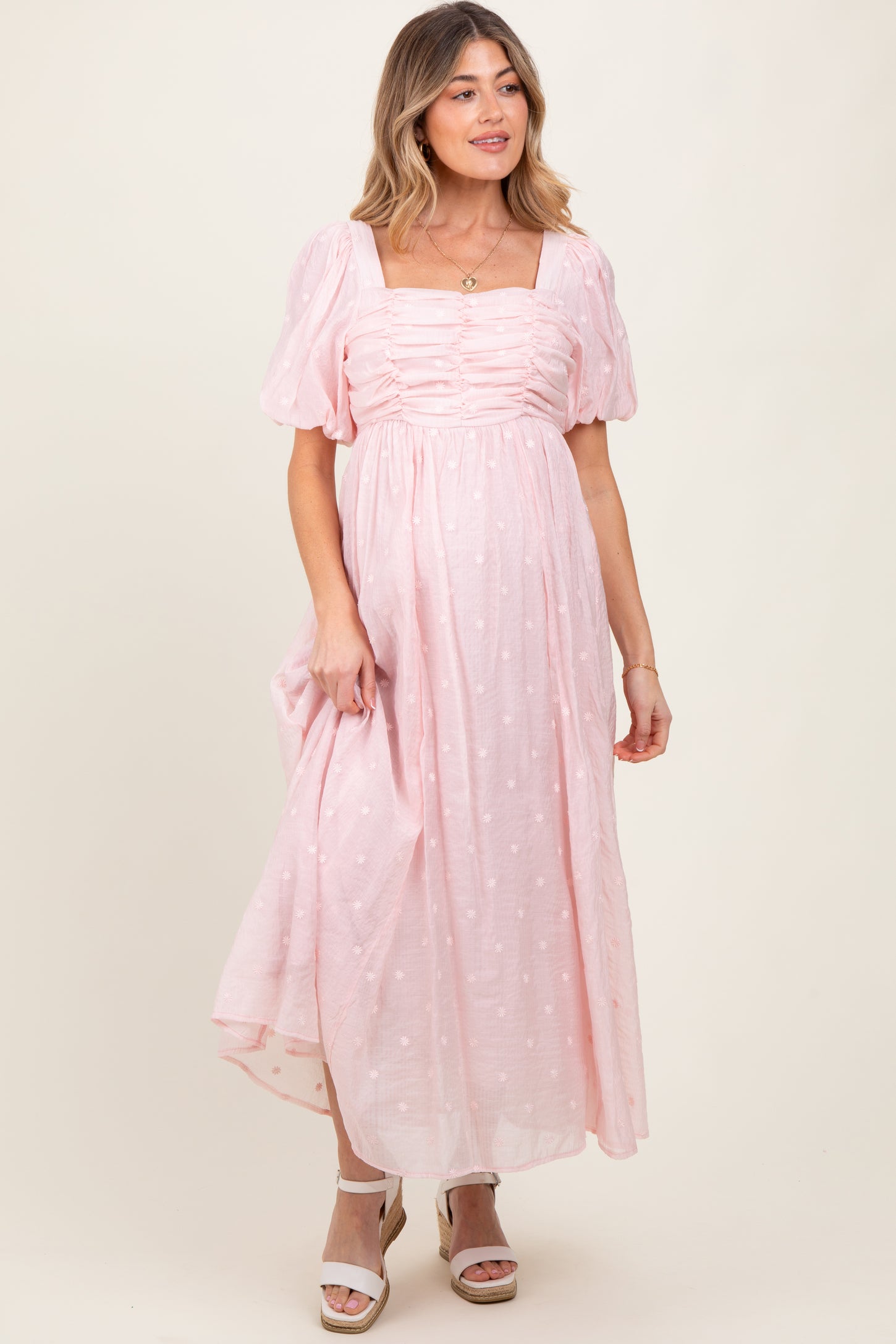 Light Pink Embroidered Shirred Puff Sleeve Maternity Maxi Dress