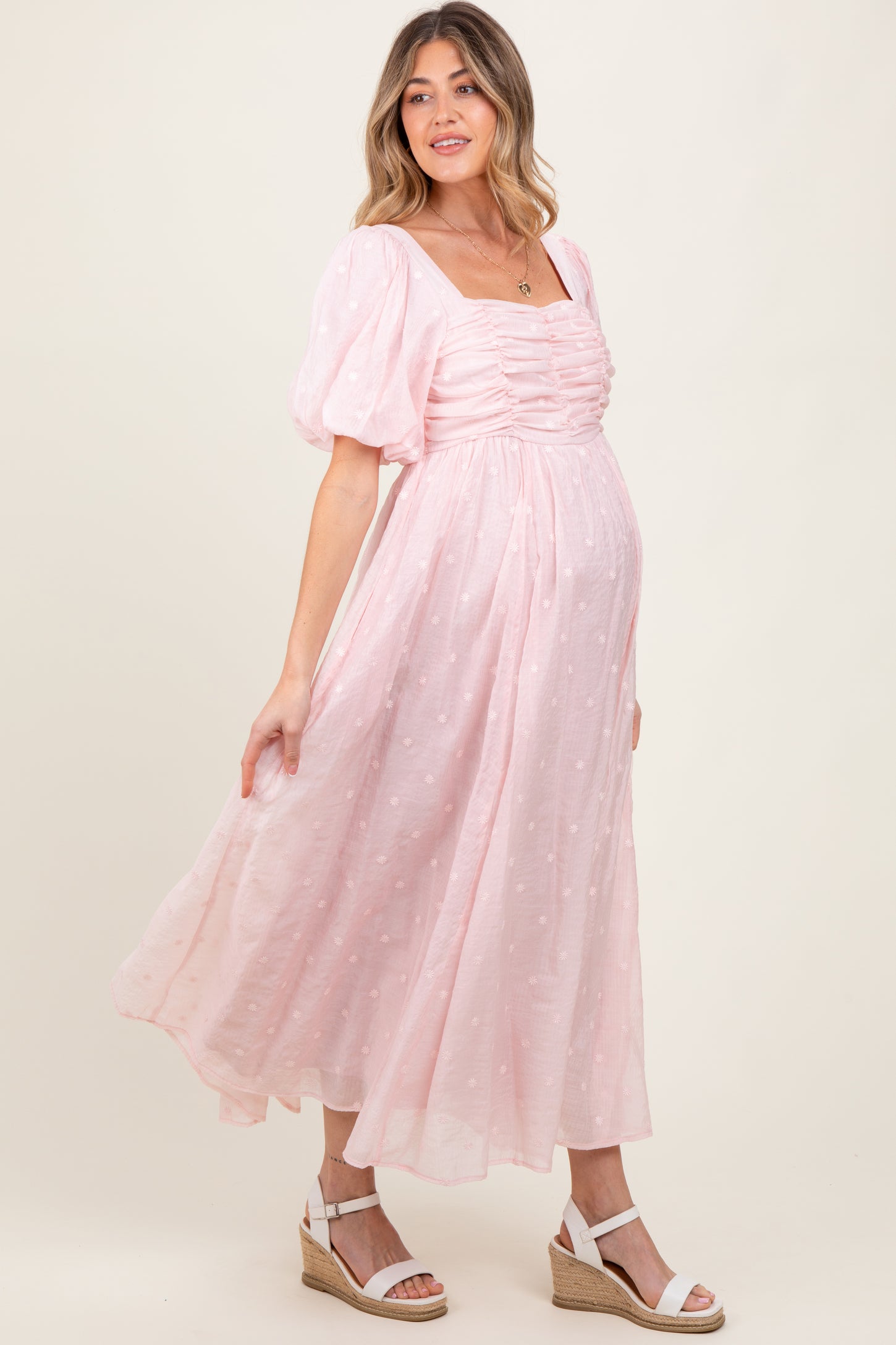 Light Pink Embroidered Shirred Puff Sleeve Maternity Maxi Dress