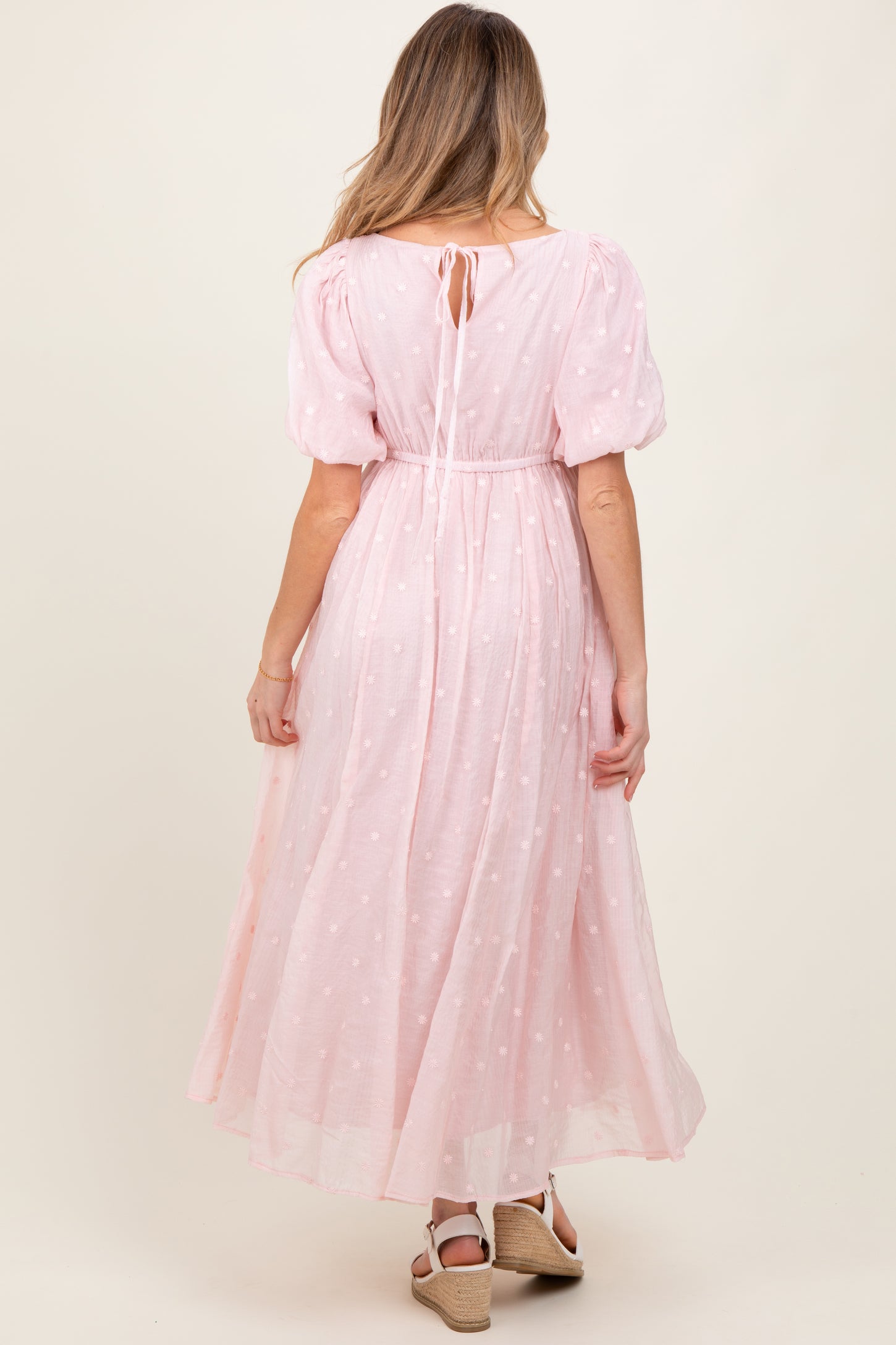 Light Pink Embroidered Shirred Puff Sleeve Maternity Maxi Dress