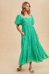 Green Embroidered Shirred Puff Sleeve Maxi Dress