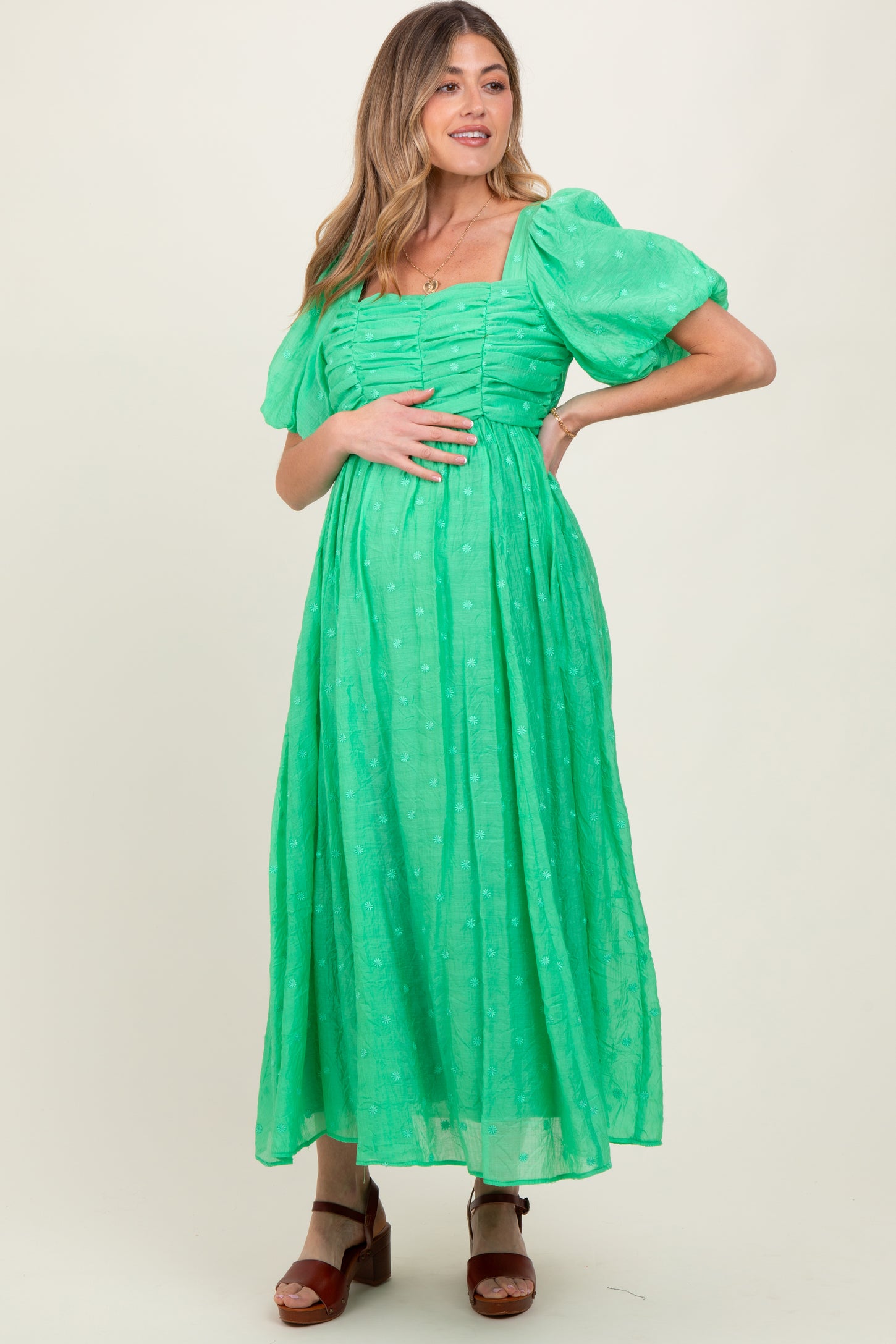 Green Embroidered Shirred Puff Sleeve Maternity Maxi Dress