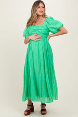 Green Embroidered Shirred Puff Sleeve Maternity Maxi Dress