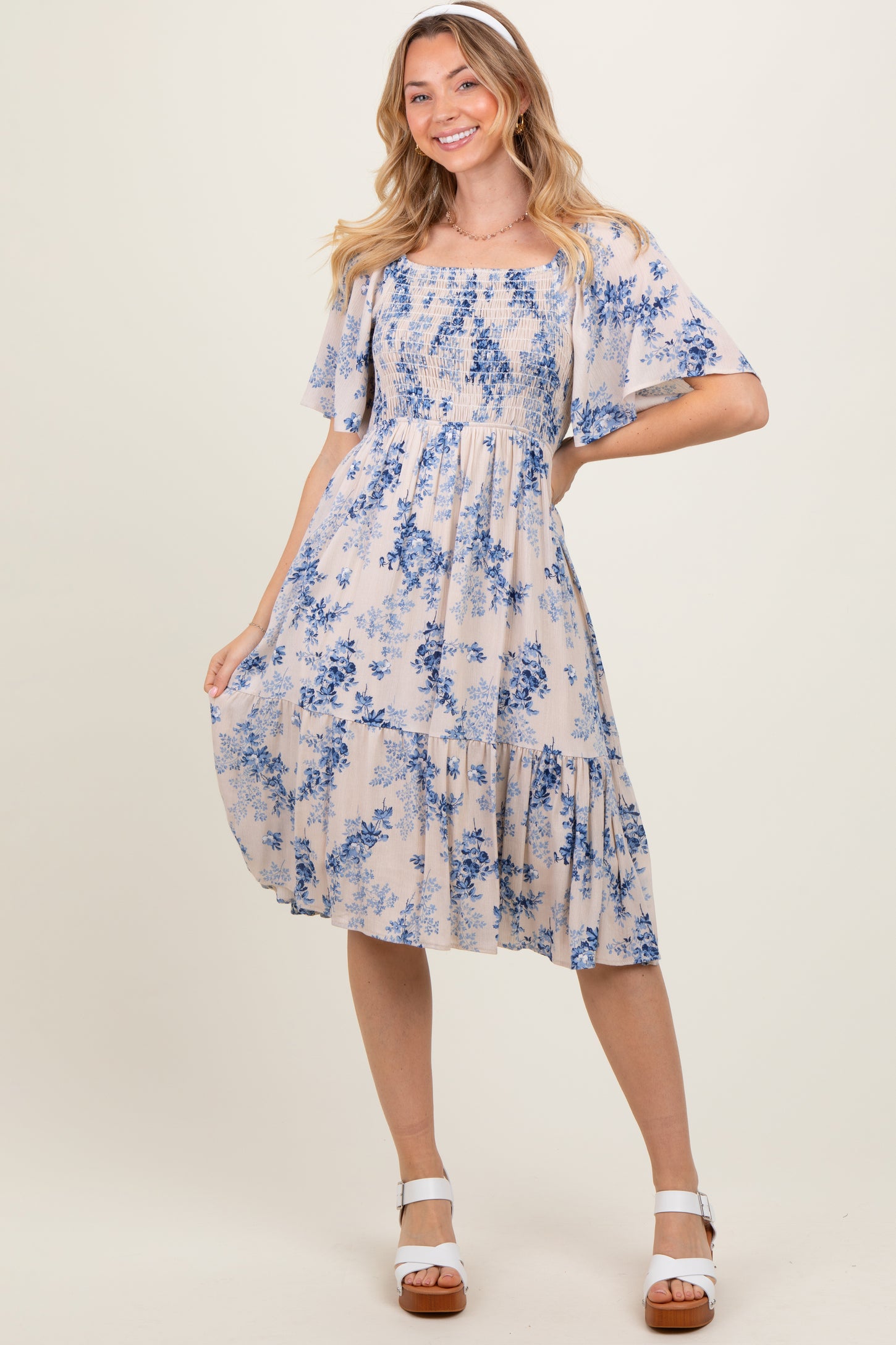 Cream Floral Smocked Midi Dress