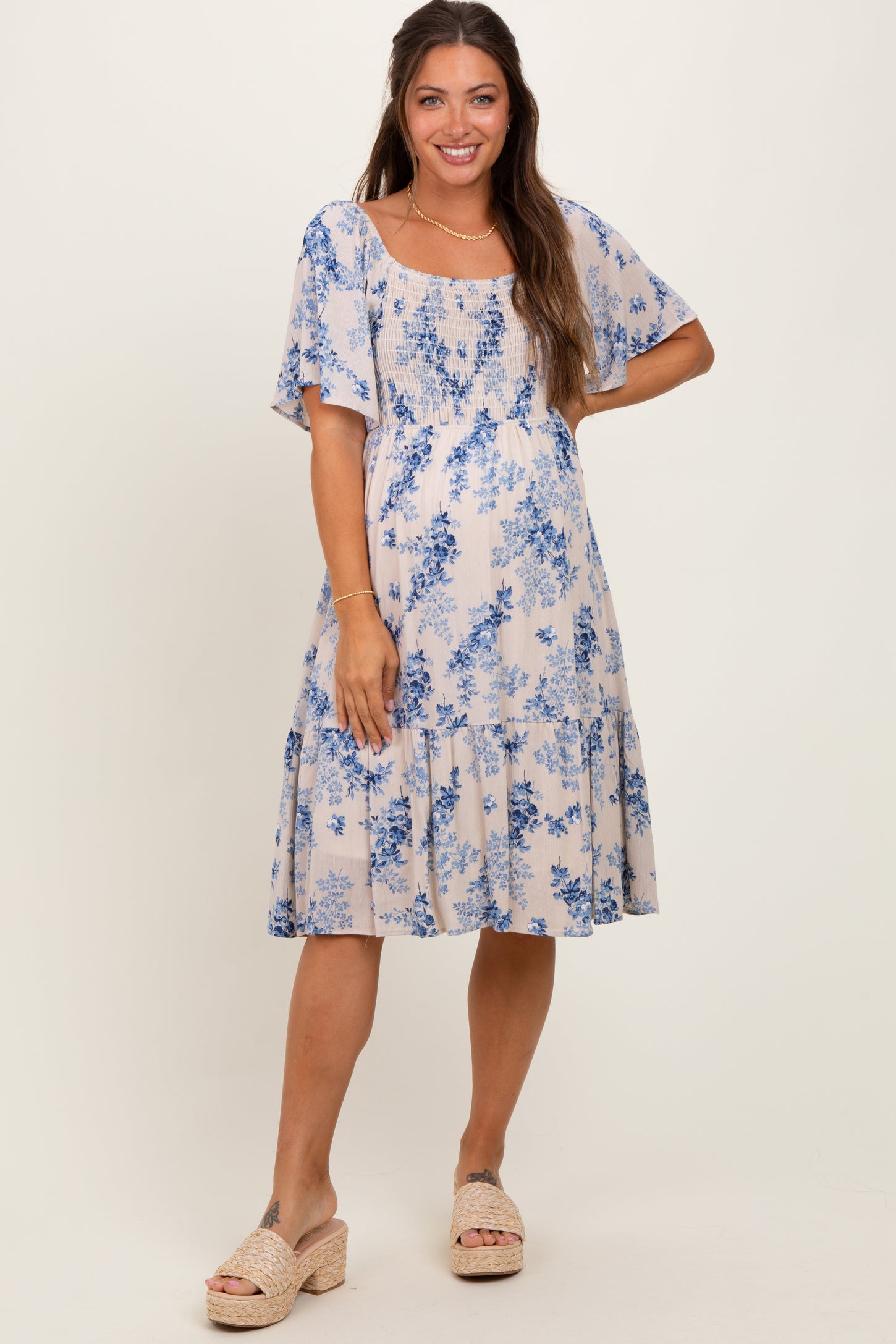 Cream Floral Smocked Maternity Midi Dress