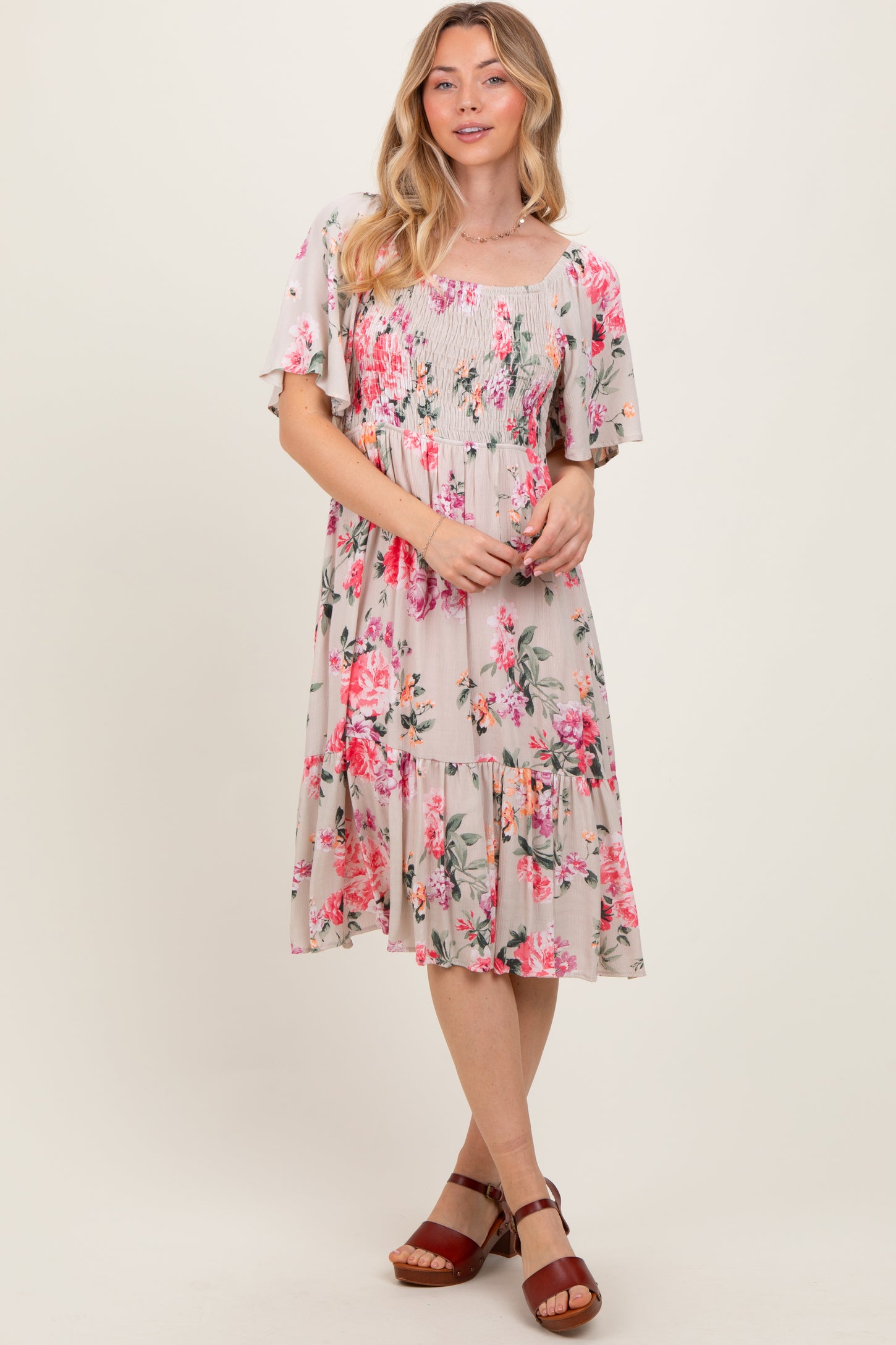 Pink Floral Smocked Midi Dress