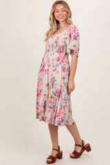 Pink Floral Smocked Midi Dress