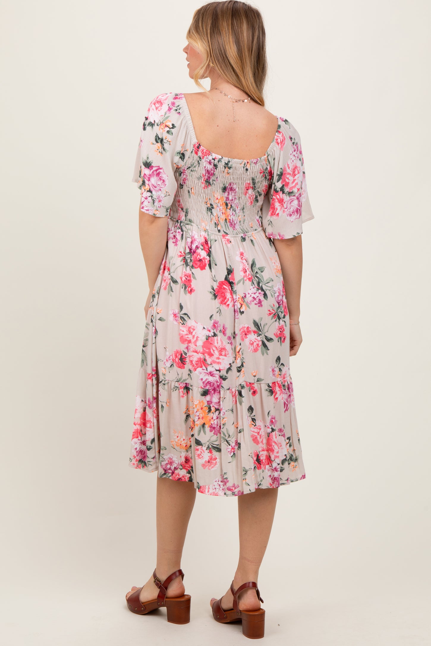 Pink Floral Smocked Midi Dress