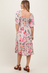 Pink Floral Smocked Midi Dress
