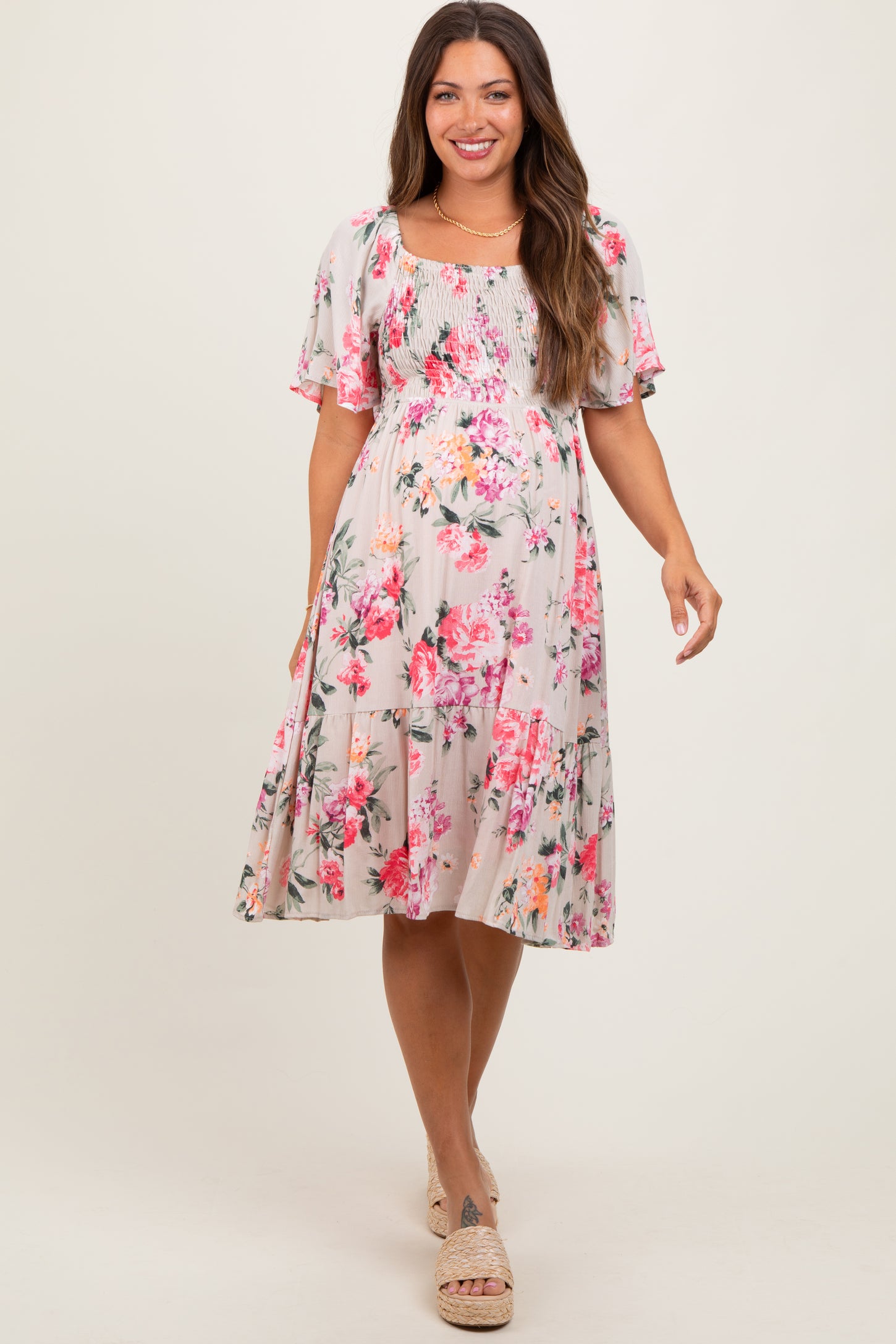 Pink Floral Smocked Maternity Midi Dress