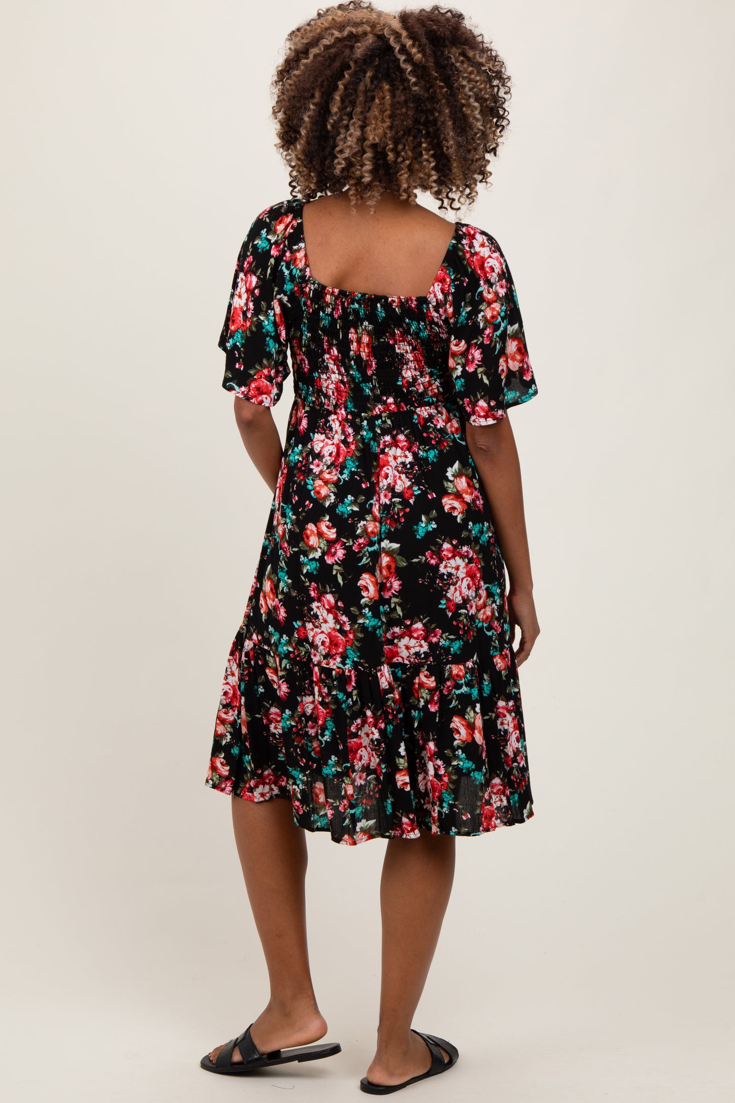 Black Floral Smocked Maternity Midi Dress