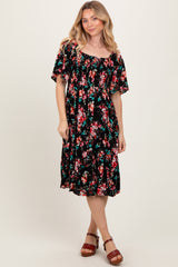 Black Floral Smocked Midi Dress